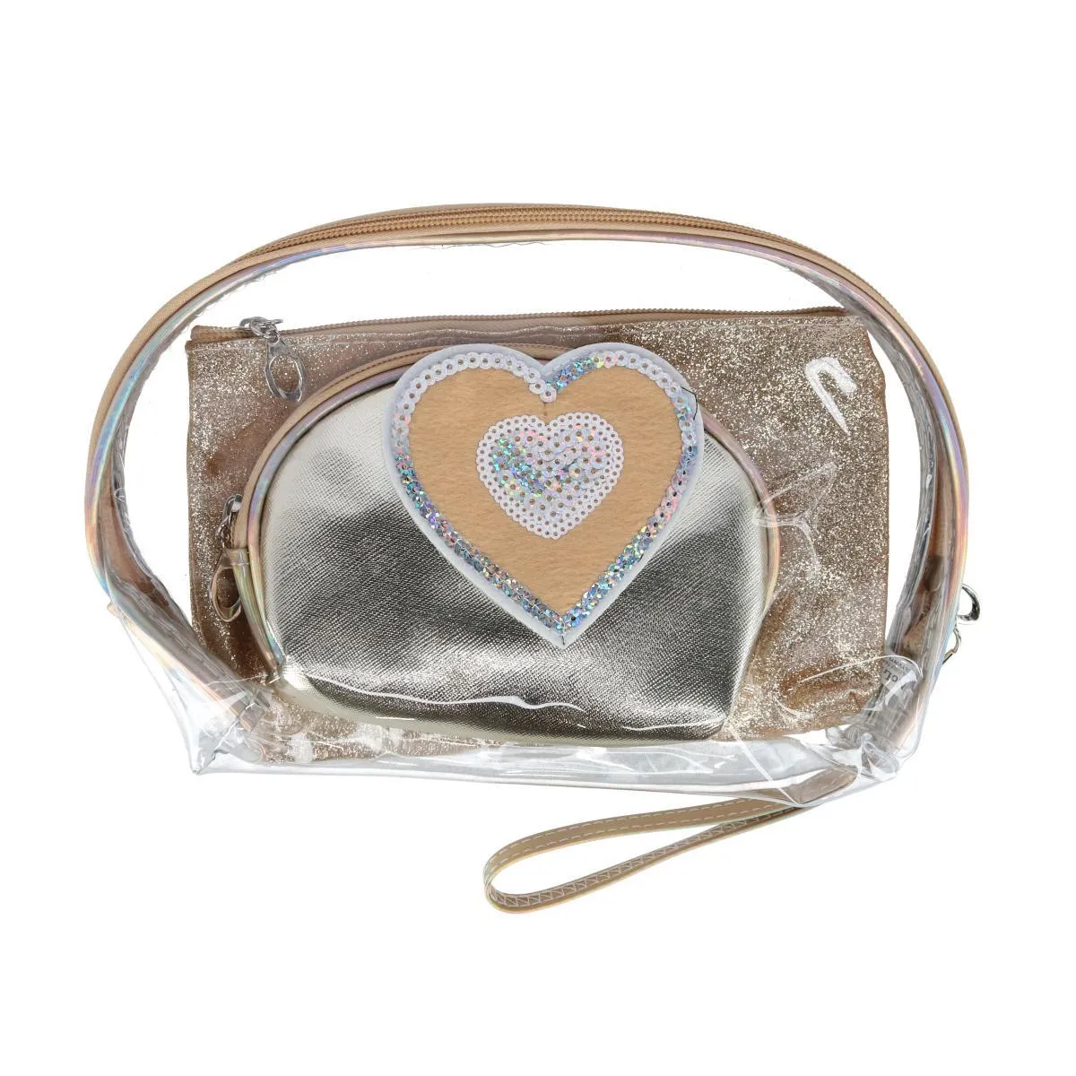 Women's 3 Piece Metallic Heart Cosmetic Bag Set